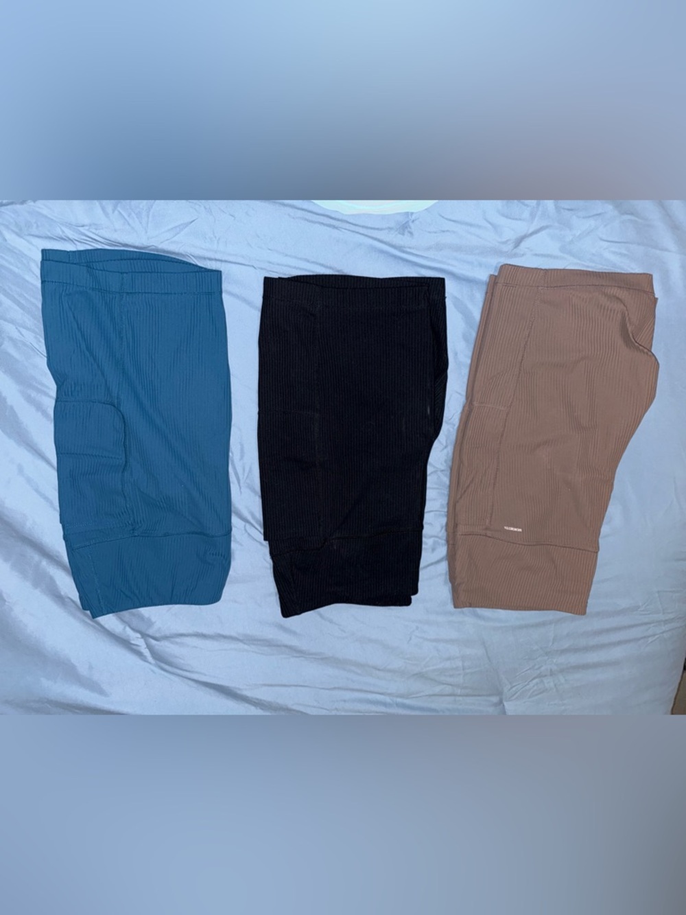 Mondetta Women’s Biker Shorts with side pockets - blue, tan and black